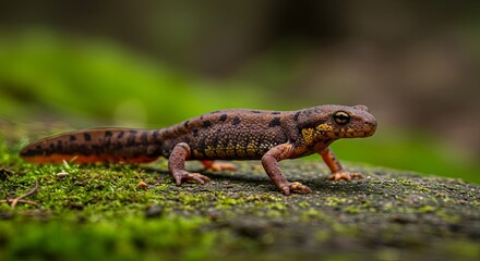 Newt resting on a mossy rock with a blurred nature background