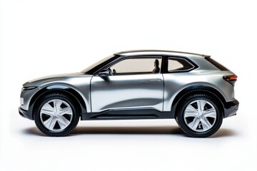 A sleek silver SUV with black accents, viewed from the side against a white backdrop