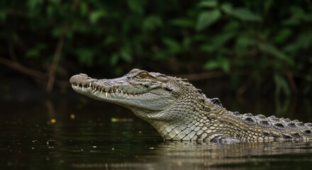 Fototapeta premium An impactful close-up of a crocodile emerging from dark river waters
