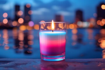 Lit purple candle, blurred city lights background, twilight scene, reflections on water, bokeh effect, romantic ambiance, serene atmosphere, glass container, warm glow, colorful gradient, tranquil eve