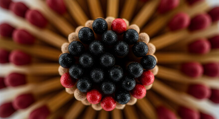 Matchstick Medley Round Design With Dark And Red Heads Close View