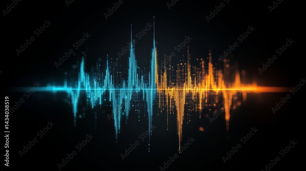 Poster blue and orange wave of sound is displayed on a black background. the blue and orange colors create 