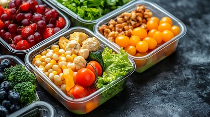 Close-up of colorful packed lunches with tomatoes, corn, lettuce and fresh fruit. Healthy eating and portioned meals in plastic boxes. Fresh prep ideas for National Pack Your Lunch Day