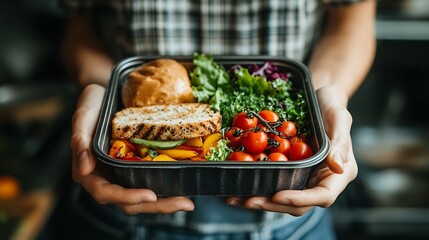 Person holding meal prep box filled with grilled chicken, cherry tomatoes, fresh greens and bun. Balanced and healthy lunch on go. National Pack Your Lunch Day celebration