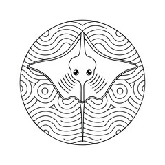 Stylized manta ray design in circular frame with curvilinear waves black and white coloring page