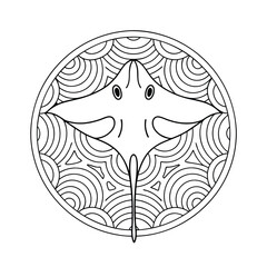 Stylized stingray illustration black and white underwater life circular graphic design decorative ocean animal zentangle pattern marine creature