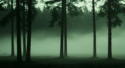 Obraz premium Ethereal Forest With Morning Mist Shrouding The Tall Pines In Dreamy Light