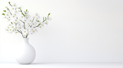 Minimalist white vase with delicate cherry blossoms against a clean white background