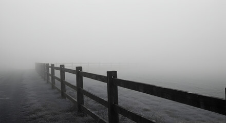 Obraz premium Rural Landscape Featuring a Wooden Fence Disappearing Into Dense Fog