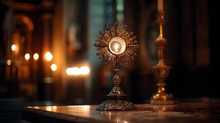 Elaborate golden monstrance holding Eucharist, ornate details, candlelit atmosphere, spiritual symbol, devotion and reverence, church sanctuary.