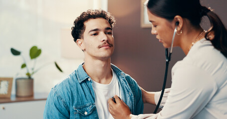 Stethoscope, listening and healthcare with doctor and patient for heart rate murmur, treatment and...