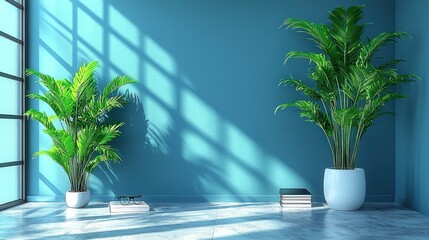 Fototapeta premium Bright room with plants, books, and sunlight