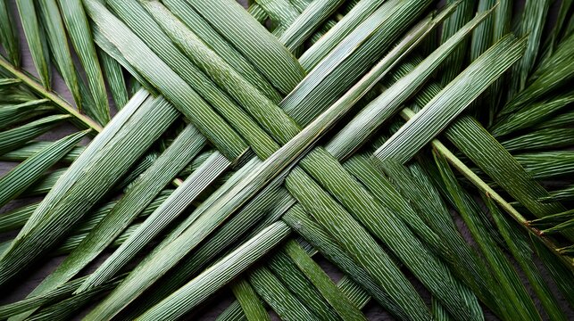 Intricately woven palm fronds showcase natural textures and patterns, symbolizing tropical artistry and eco-friendly craftsmanship.