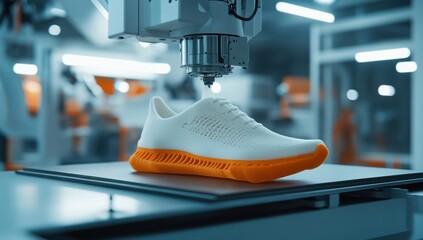 3D printed shoe being manufactured by an automated robotic arm in a factory