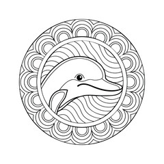 Dolphin illustration in circular frame detailed line art graphic ready for coloring book activity or design elements for ocean themed project
