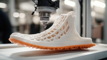 A robotic arm 3D prints a white shoe with orange sole
