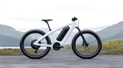 Modern, white electric bicycle on paved road, scenic mountain backdrop