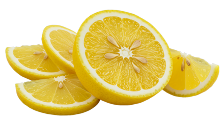 A close up view of several slices of a bright yellow lemon fruit on a black background surface