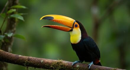 Obraz premium Exotic toucan portrait perched on a mossy branch, vibrant plumage display