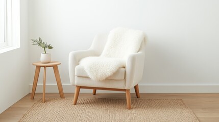 Cozy living room setup featuring a plush armchair minimalist home decor bright natural light warm atmosphere interior design inspiration