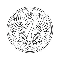 Elegant swan circle design with floral elements in black and white outlines for coloring pages