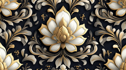 Ornate, repeating floral pattern in gold and white on dark background.
