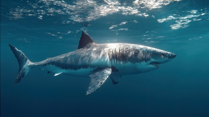 Fototapeta premium Majestic Megalodon Swimming Ocean Depths Scarred Giant Ancient Predator Marine Life Underwater World Ocean Adventure Deep Sea Exploration Mystery lowercase 