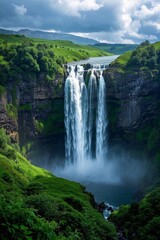 Fototapeta premium arafed waterfall in the middle of a lush green valley