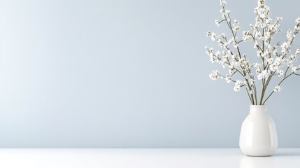 Simple vase with fluffy flowers against a light blue wall