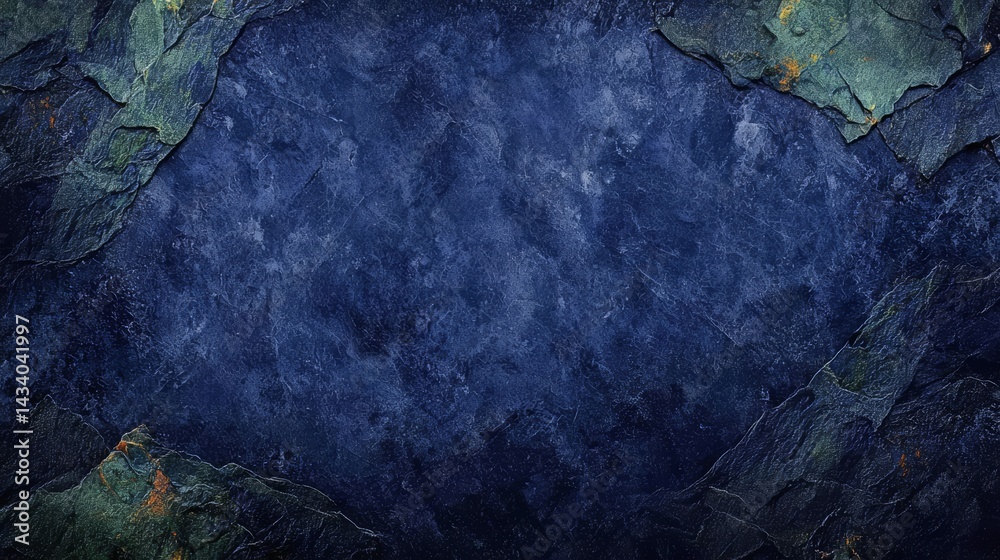 Aufkleber blue background with a green border. the background is made of rocks and the border is made of leave