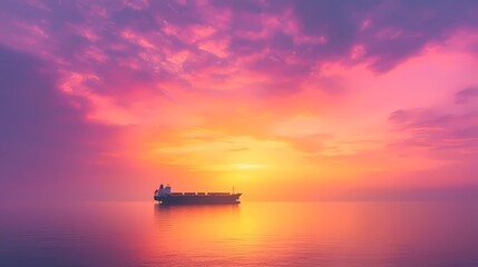 Fototapeta premium Cargo Ship at Sunset, Container ship on calm ocean at vibrant sunset.