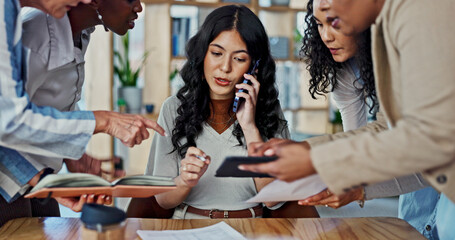 Business woman, phone call and time management with hands in office at startup, deadline and conversation. Person, group and tablet with smartphone for networking, notes or contact at creative agency