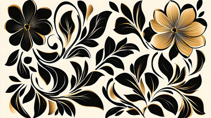 Ornate floral design set in black and gold tones.