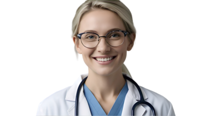 Blonde Female Doctor with Glasses in White Coat and Stethoscope, Smiling Portrait on Gray Background