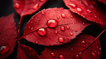 Fototapeta premium A close-up of vibrant red leaves adorned with shimmering water droplets, showcasing their texture, freshness, and natural beauty.