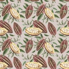 Cocoa beans brown, whole and halves, green leaves and pink flowers around. Hand drawn watercolor pattern suitable for food packaging design, chocolate branding, organic products, menu, labels.