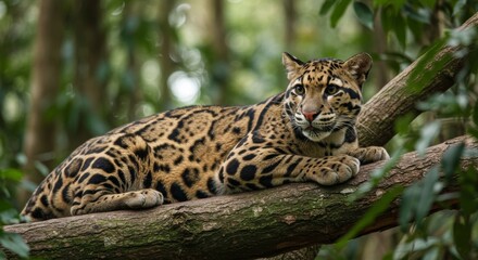Obraz premium Magnificent Clouded Leopard Resting on a Tree Branch Amidst Dense Foliage
