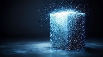 Blue cube with a lot of small dots on it. The cube is surrounded by a lot of blue and white