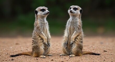 Fototapeta premium Vigilant meerkats standing tall on arid terrain, attentive and observant