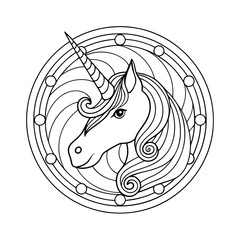 Elegant unicorn head in mandala circle intricate line art illustration coloring page design for kids and adults © Sumon