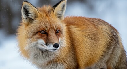 Fototapeta premium Captivating red fox portrait in a serene winter wonderland close-up view