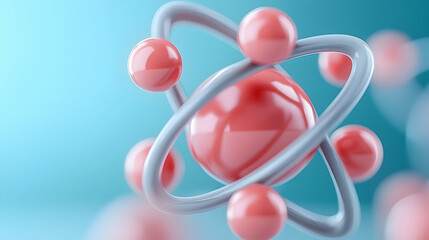Abstract Atom Model 3D Render: Pink and Grey Atomic Structure on Blue Background