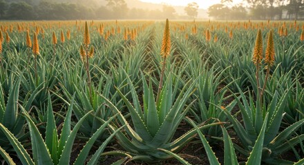 Aloe Vera Field at Sunrise, Cultivating Nature's Healing Power in rows