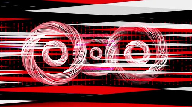 Loopy dynamic abstract animation featuring vibrant red and white spirals in motion across a striking geometric background