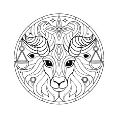 Aries Zodiac Mandala Astrological Ram, Scales, Stars, Celestial Design