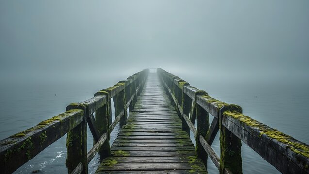 Fototapeta Misty horizon over weathered wooden pier
