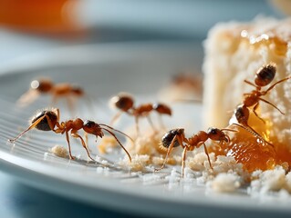 close-up of ants crawling on leftover food on a ceramic plate