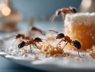 close-up of ants crawling on leftover food on a white ceramic plate