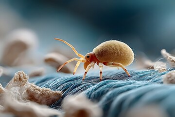 Extreme close-up of a dust mite crawling on mattress fibers