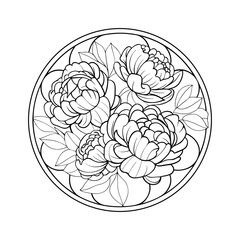 Obraz premium Circular Peony Mandala Floral Art, Line Drawing, Coloring Page